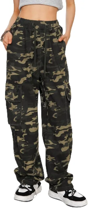 HVEPUO Camo Pants Women High Waisted Wide Leg Casual Y2K Camoflage Cargo Pants Baggy Elastic Waist Straight Jeans Trousers