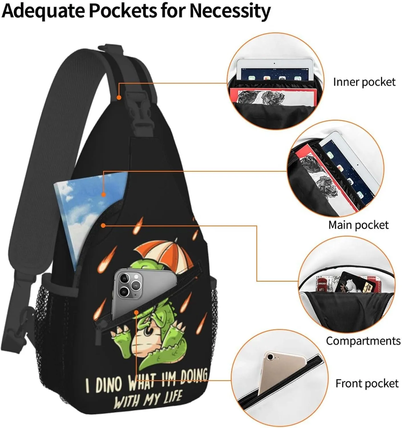 I Dino What Im Doing With My Life Funny Cute Dinosaur Chest Sling Bag Crossbody Shoulder Backpack Bag Gym Cycling Travel Hiking Daypack Cross Bag