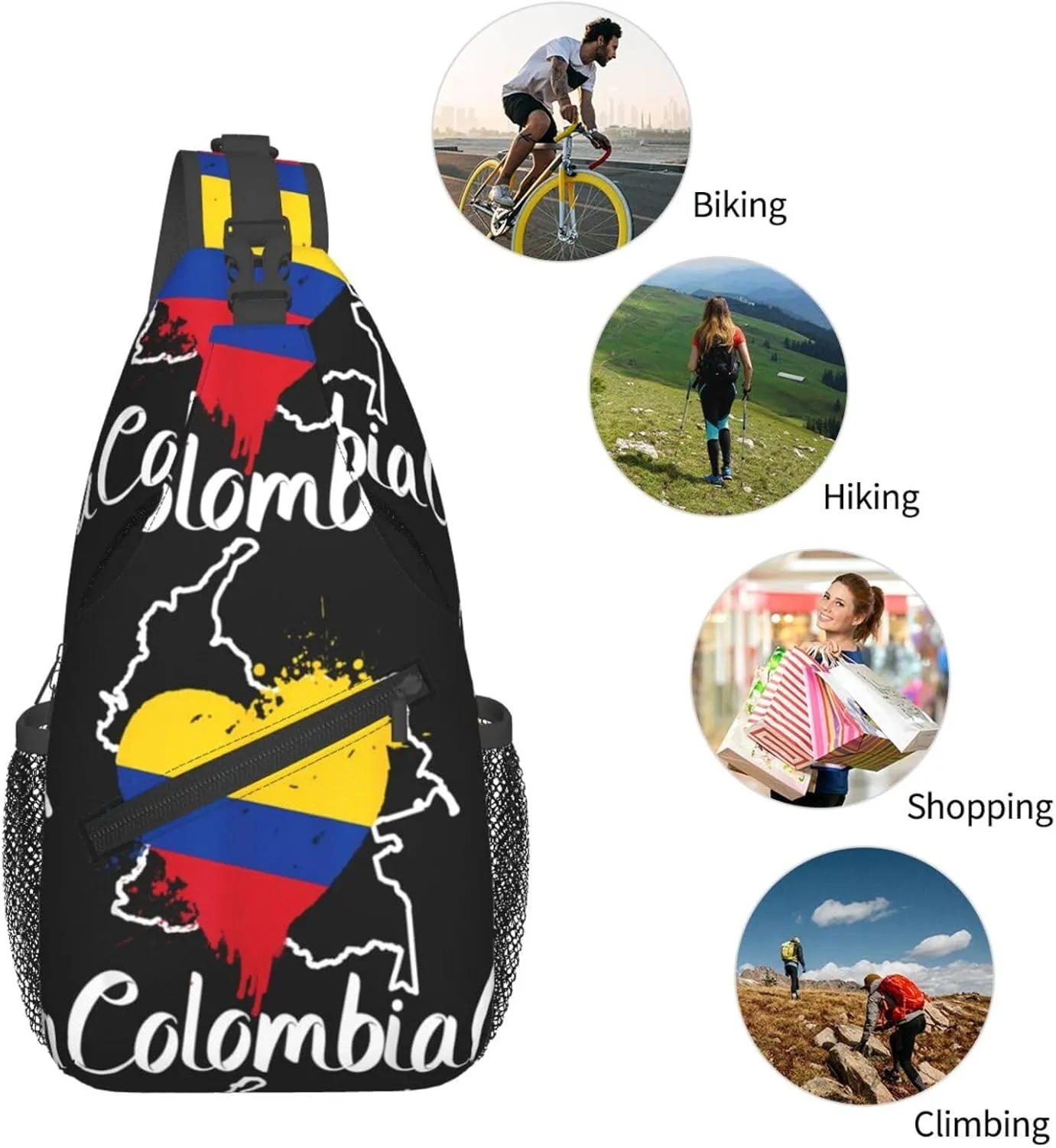 I Love Colombia Map Flag Colors Heart Chest Sling Bag Crossbody Shoulder Backpack Bag Gym Cycling Daypack Travel Hiking Cross Bag