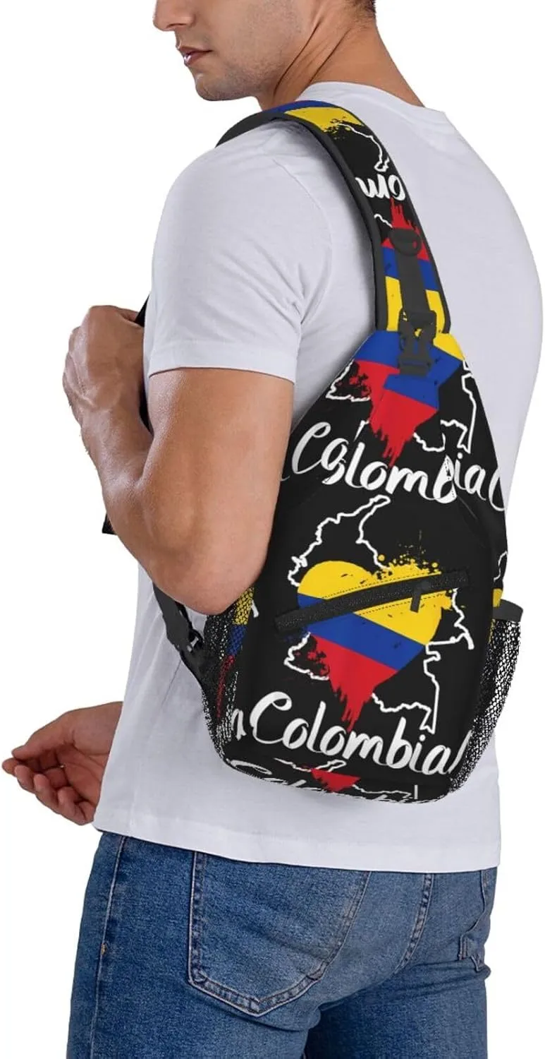 I Love Colombia Map Flag Colors Heart Chest Sling Bag Crossbody Shoulder Backpack Bag Gym Cycling Daypack Travel Hiking Cross Bag