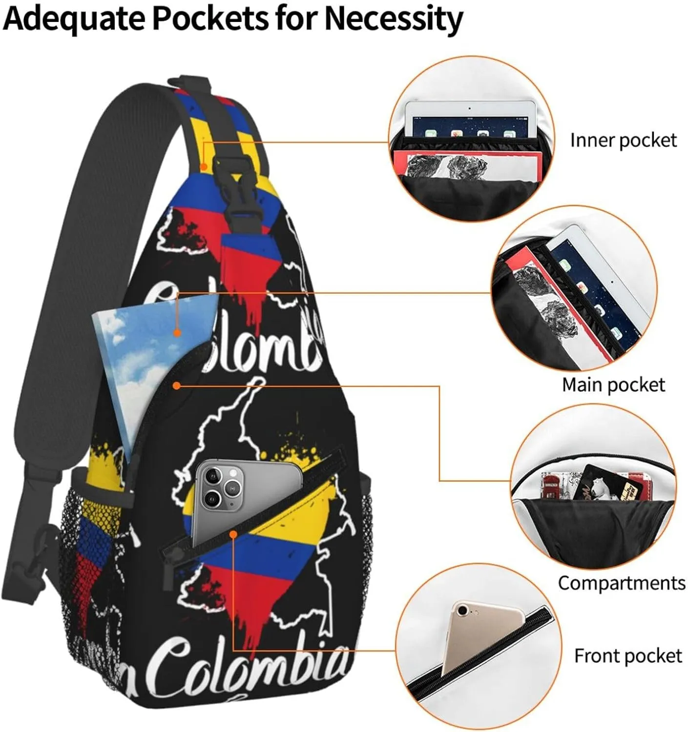 I Love Colombia Map Flag Colors Heart Chest Sling Bag Crossbody Shoulder Backpack Bag Gym Cycling Daypack Travel Hiking Cross Bag
