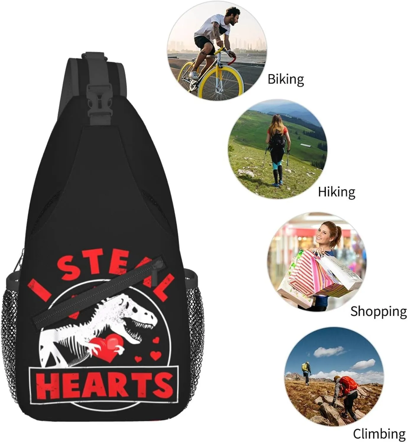 I Steal Hearts Dinosaur Chest Sling Bag Crossbody Shoulder Backpack Bag Gym Cycling Travel Hiking Daypack Cross Bag