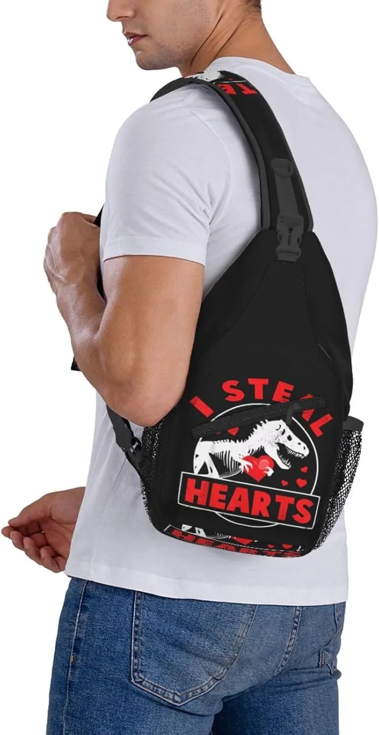 I Steal Hearts Dinosaur Chest Sling Bag Crossbody Shoulder Backpack Bag Gym Cycling Travel Hiking Daypack Cross Bag
