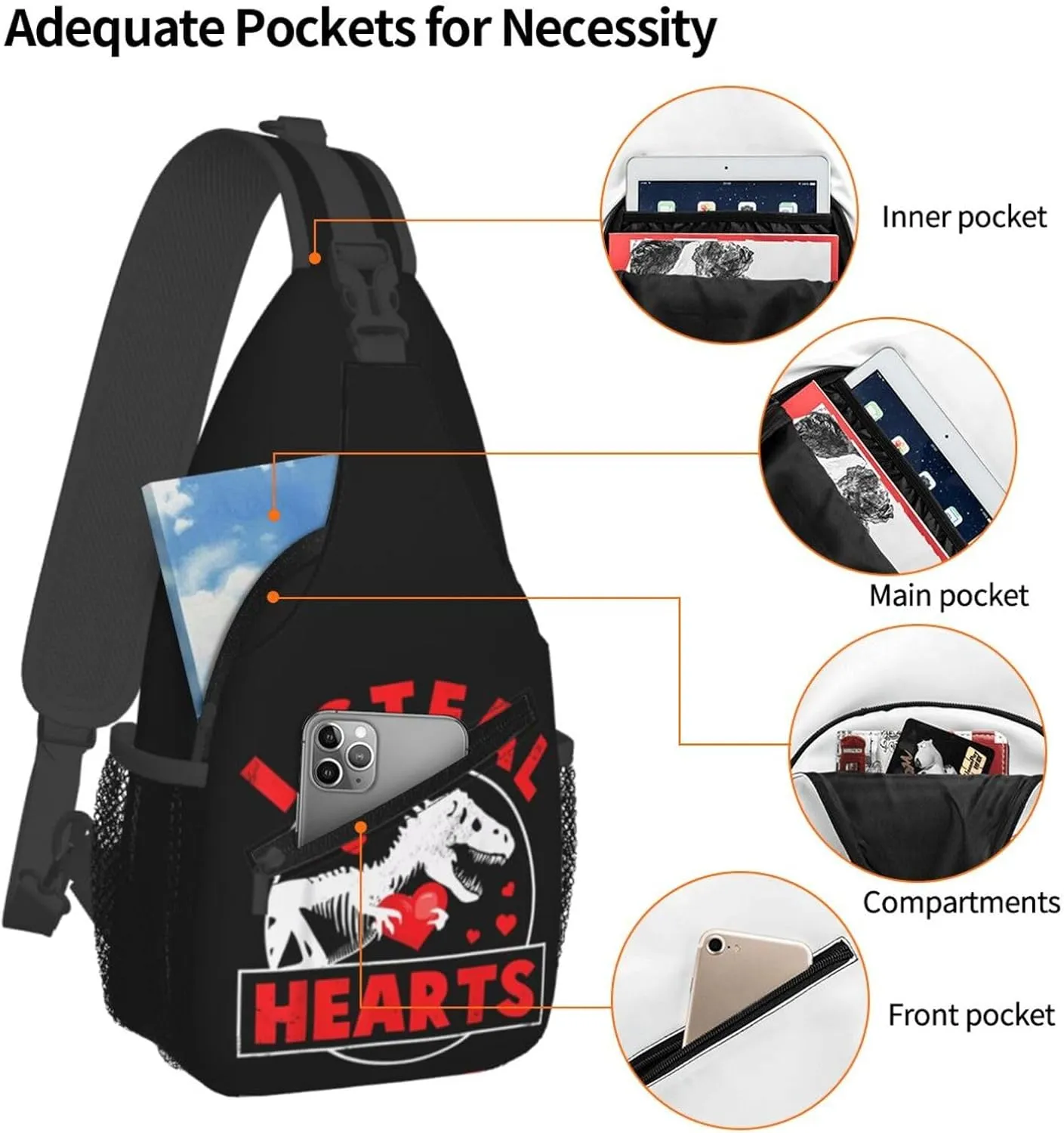 I Steal Hearts Dinosaur Chest Sling Bag Crossbody Shoulder Backpack Bag Gym Cycling Travel Hiking Daypack Cross Bag