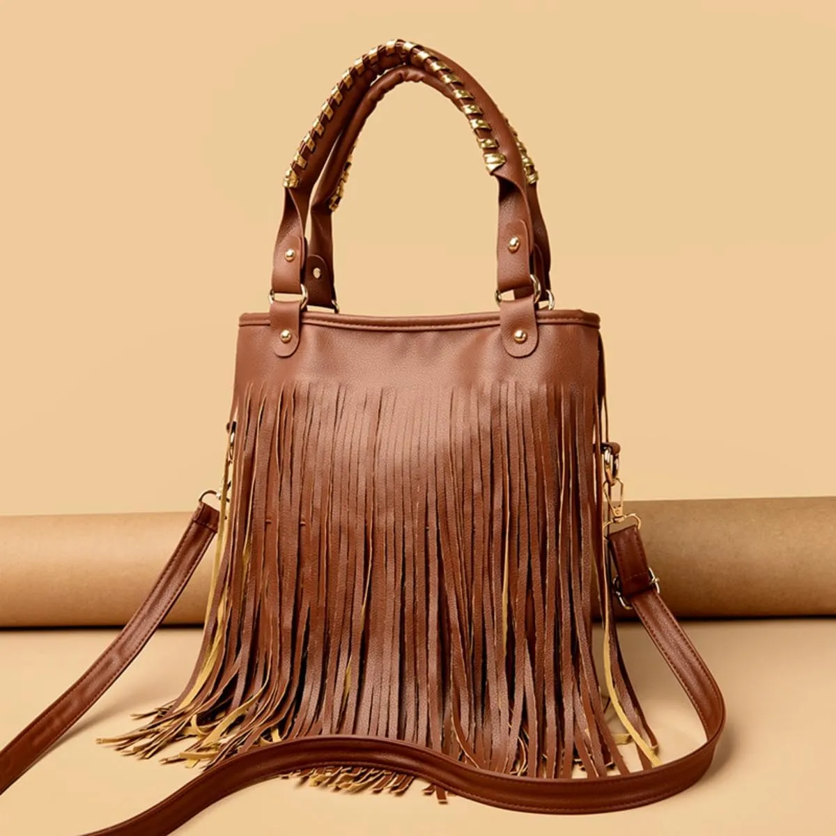 IAMUHI Casual Rivets Fringed Shoulder Handbag for Women,Soft Vegan Leather Hippie Crossbody Purse Bag Hobo Bag
