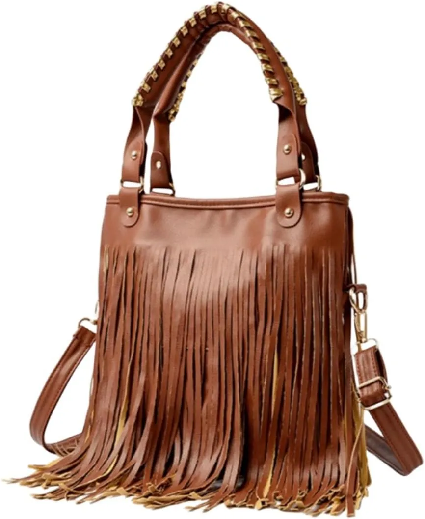 IAMUHI Casual Rivets Fringed Shoulder Handbag for Women,Soft Vegan Leather Hippie Crossbody Purse Bag Hobo Bag