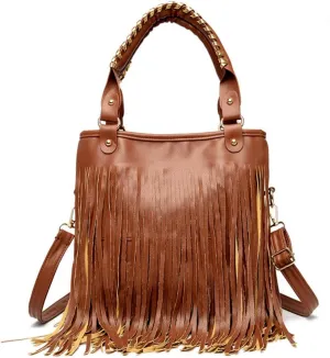 IAMUHI Casual Rivets Fringed Shoulder Handbag for Women,Soft Vegan Leather Hippie Crossbody Purse Bag Hobo Bag