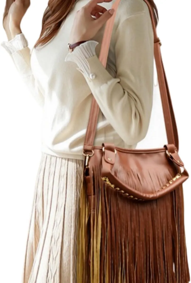 IAMUHI Casual Rivets Fringed Shoulder Handbag for Women,Soft Vegan Leather Hippie Crossbody Purse Bag Hobo Bag