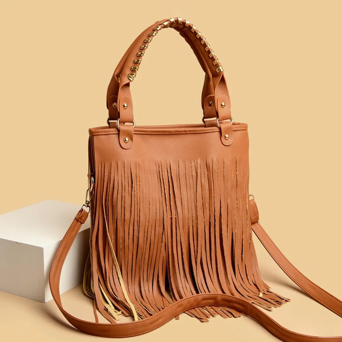 IAMUHI Casual Rivets Fringed Shoulder Handbag for Women,Soft Vegan Leather Hippie Crossbody Purse Bag Hobo Bag