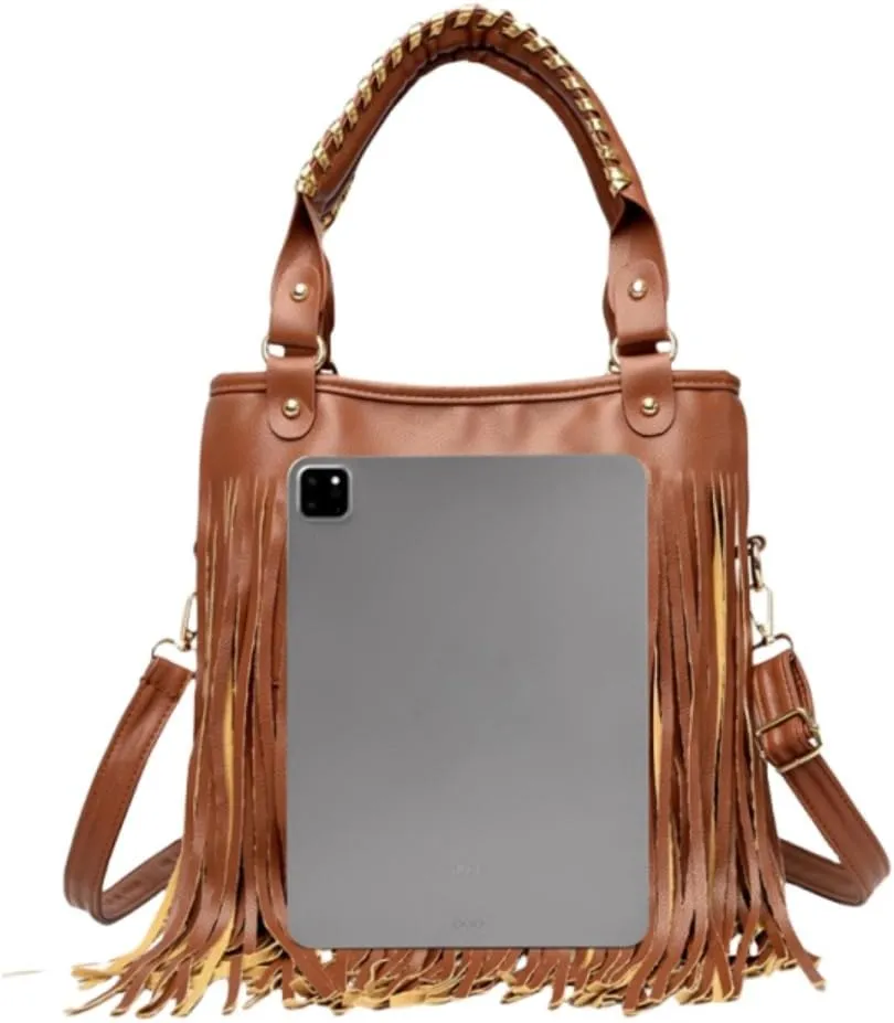 IAMUHI Casual Rivets Fringed Shoulder Handbag for Women,Soft Vegan Leather Hippie Crossbody Purse Bag Hobo Bag
