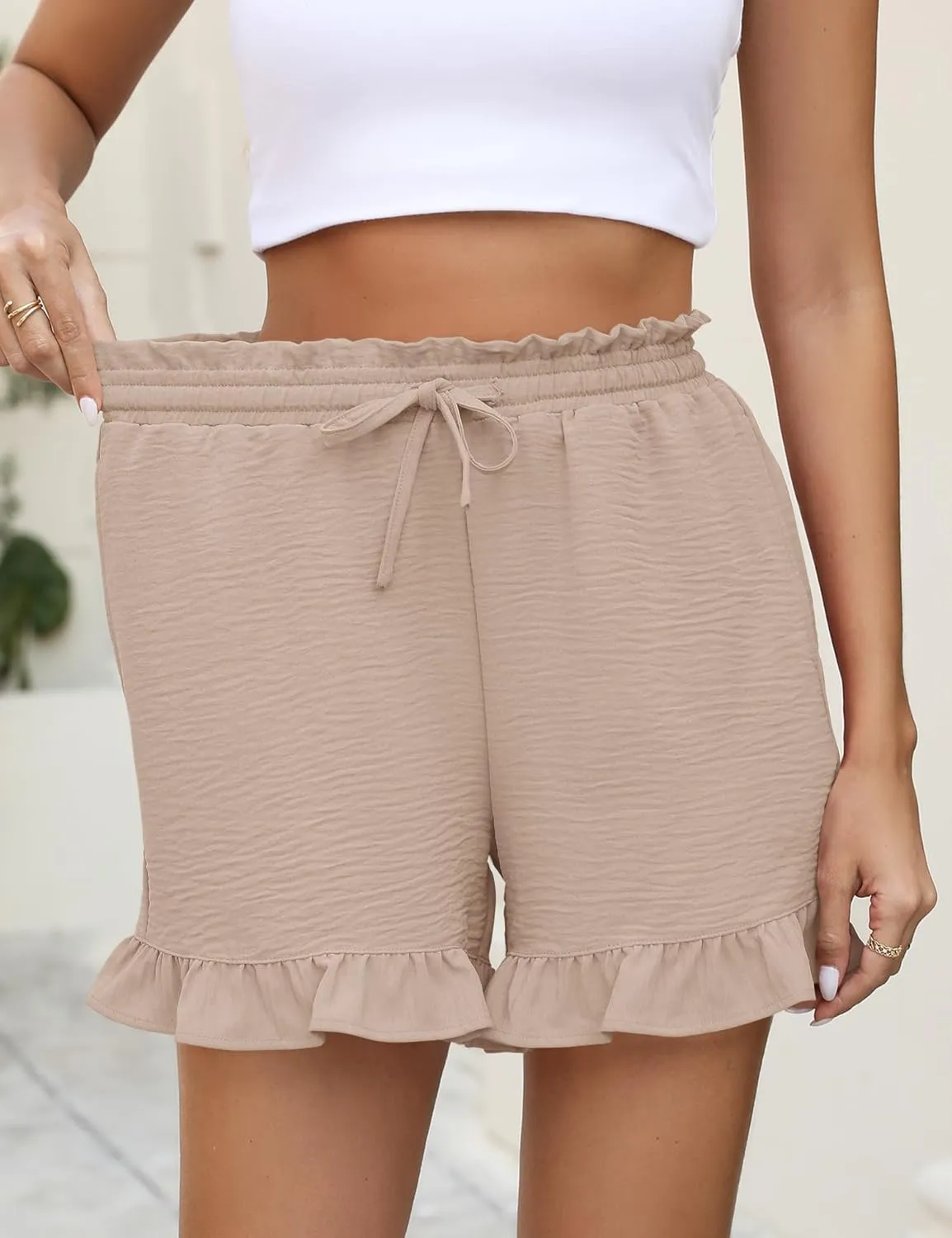 IECCP Women's Shorts 2025 Summer Casual Cute Ruffle Shorts Comfy Elastic Waist Drawstring Pleated Short with Pockets