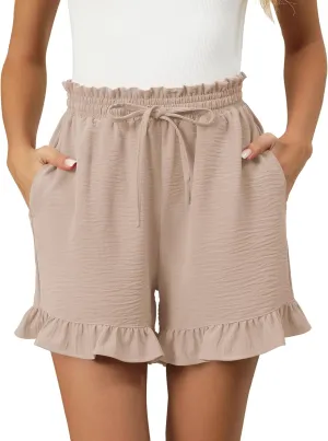 IECCP Women's Shorts 2025 Summer Casual Cute Ruffle Shorts Comfy Elastic Waist Drawstring Pleated Short with Pockets