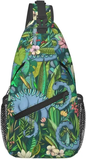 Improbable Botanical With Dinosaurs Ark Green Chest Sling Bag Crossbody Shoulder Backpack Bag Gym Cycling Travel Hiking Daypack Cross Bag