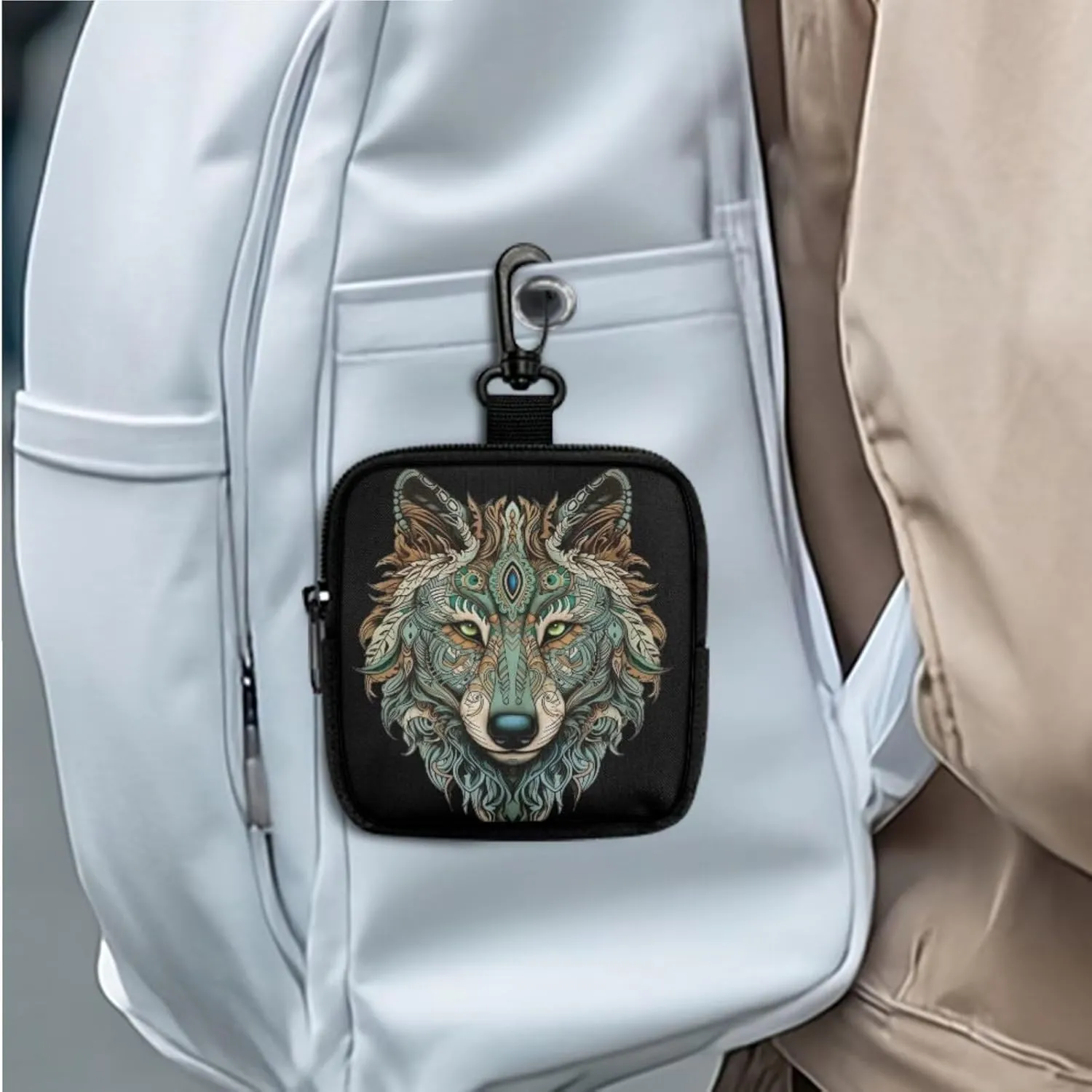 Indian Tribal Wolf Mini Zip Around Wristlet Keychain Wallet, Native Western Wolves Printed Small EDC Tactical Pouch for Men Portable Key Chain Coin Purse