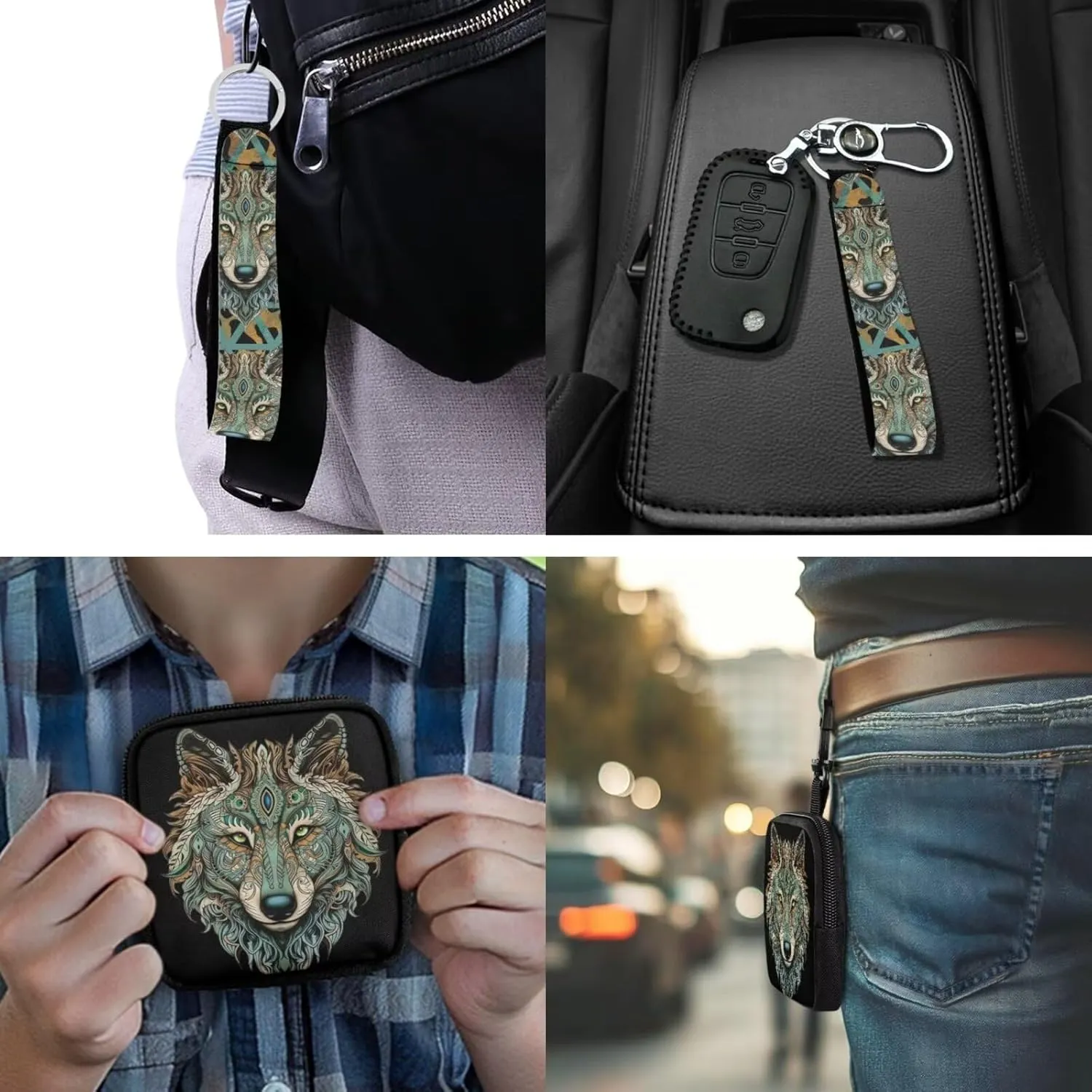 Indian Tribal Wolf Mini Zip Around Wristlet Keychain Wallet, Native Western Wolves Printed Small EDC Tactical Pouch for Men Portable Key Chain Coin Purse