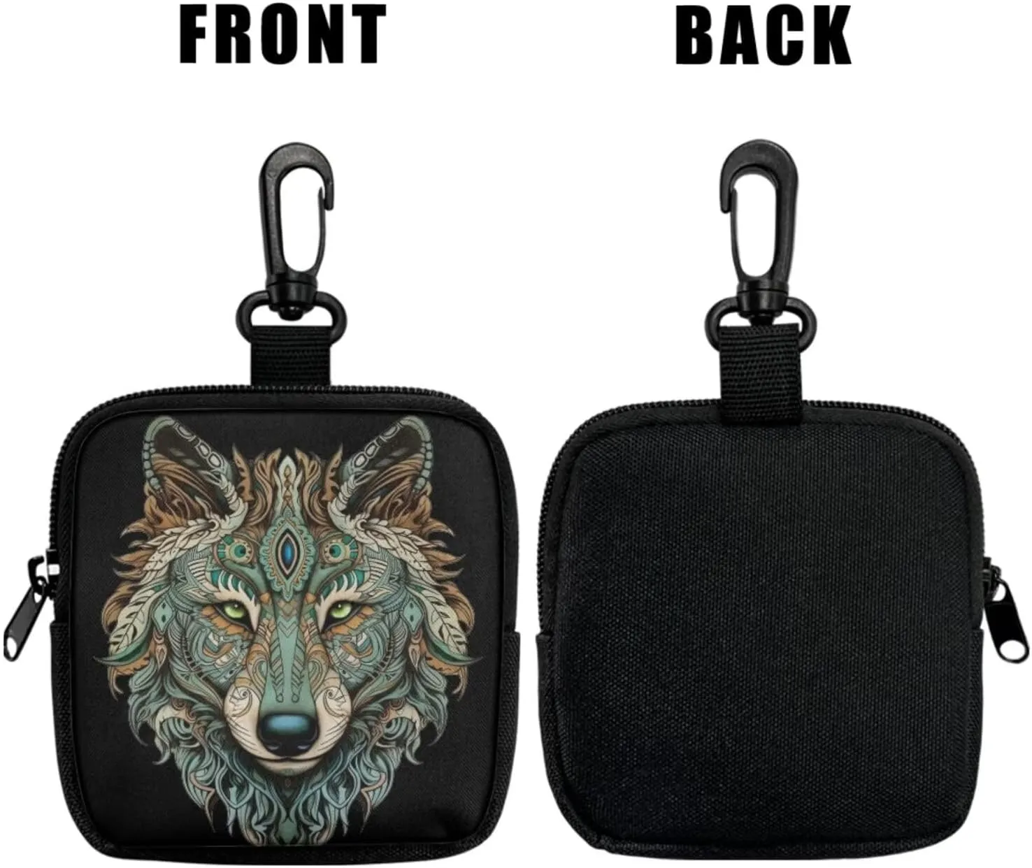 Indian Tribal Wolf Mini Zip Around Wristlet Keychain Wallet, Native Western Wolves Printed Small EDC Tactical Pouch for Men Portable Key Chain Coin Purse