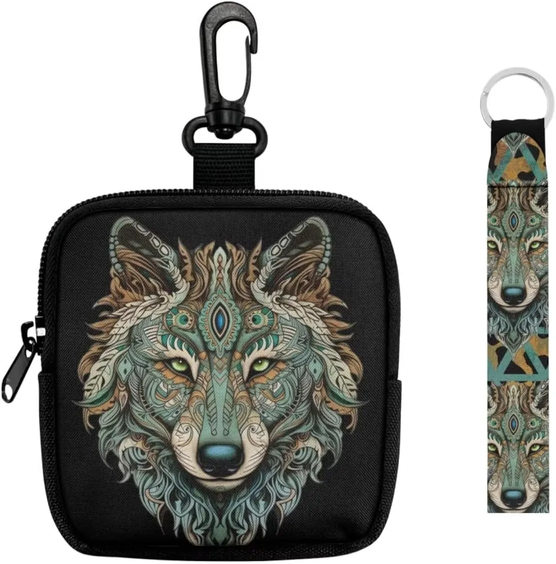 Indian Tribal Wolf Mini Zip Around Wristlet Keychain Wallet, Native Western Wolves Printed Small EDC Tactical Pouch for Men Portable Key Chain Coin Purse