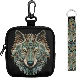 Indian Tribal Wolf Mini Zip Around Wristlet Keychain Wallet, Native Western Wolves Printed Small EDC Tactical Pouch for Men Portable Key Chain Coin Purse