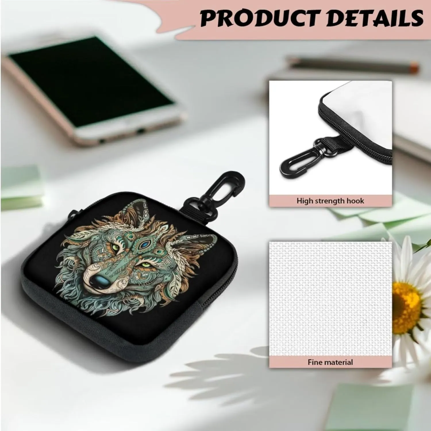 Indian Tribal Wolf Mini Zip Around Wristlet Keychain Wallet, Native Western Wolves Printed Small EDC Tactical Pouch for Men Portable Key Chain Coin Purse