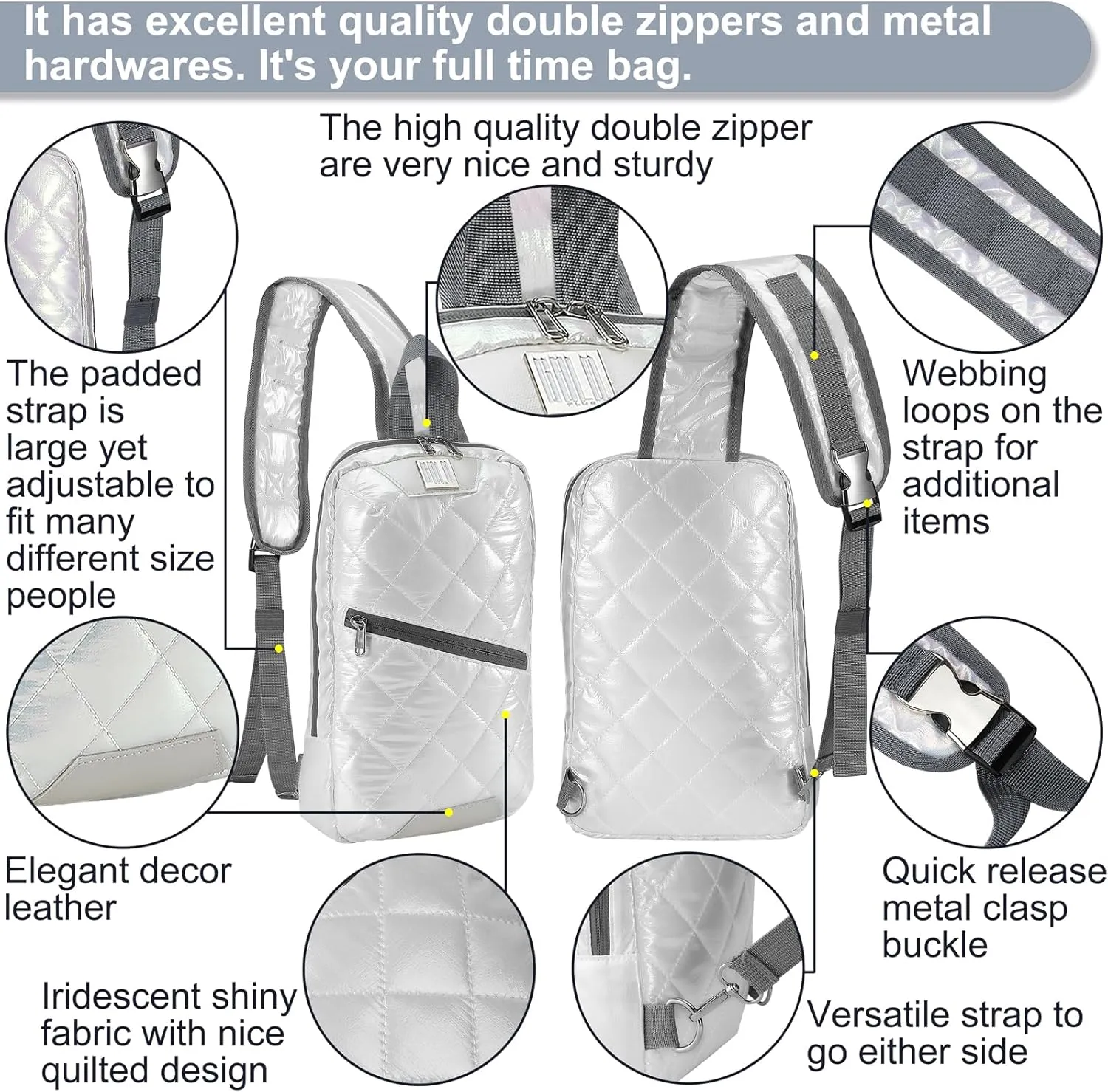 Iridescent Crossbody Shoulder Puffer Backpack for Women Men, Travel Hiking Small Chest Bag Daypack