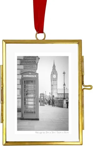 Isaac Jacobs (2"x3" Vintage Style Brass and Glass Ornament Frame with Locket Closure (Vertical Frame) (Antique Gold), Metal Floating Frame, Made for Hanging