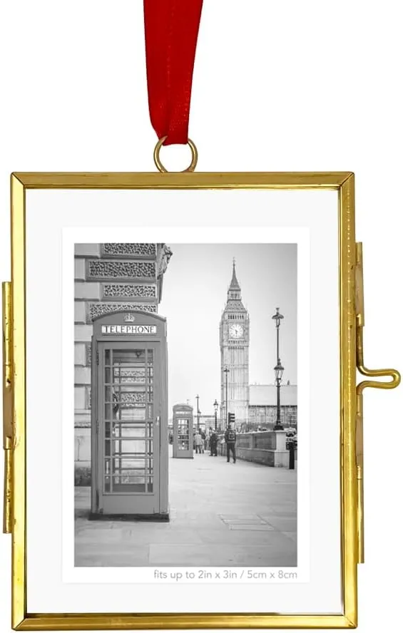 Isaac Jacobs (2"x3" Vintage Style Brass and Glass Ornament Frame with Locket Closure (Vertical Frame) (Antique Gold), Metal Floating Frame, Made for Hanging
