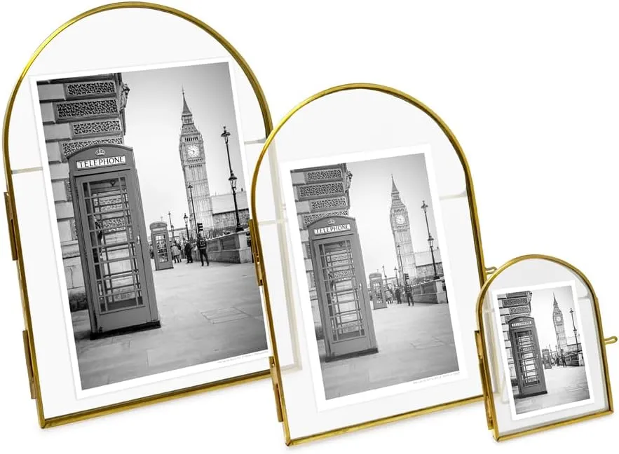 Isaac Jacobs 4x6 Vintage Style, Arched Brass & Glass Metal Floating Picture Frame with Locket Closure (Vertical), Made for Tabletop Display (4x6 Vertical, Antique Gold)