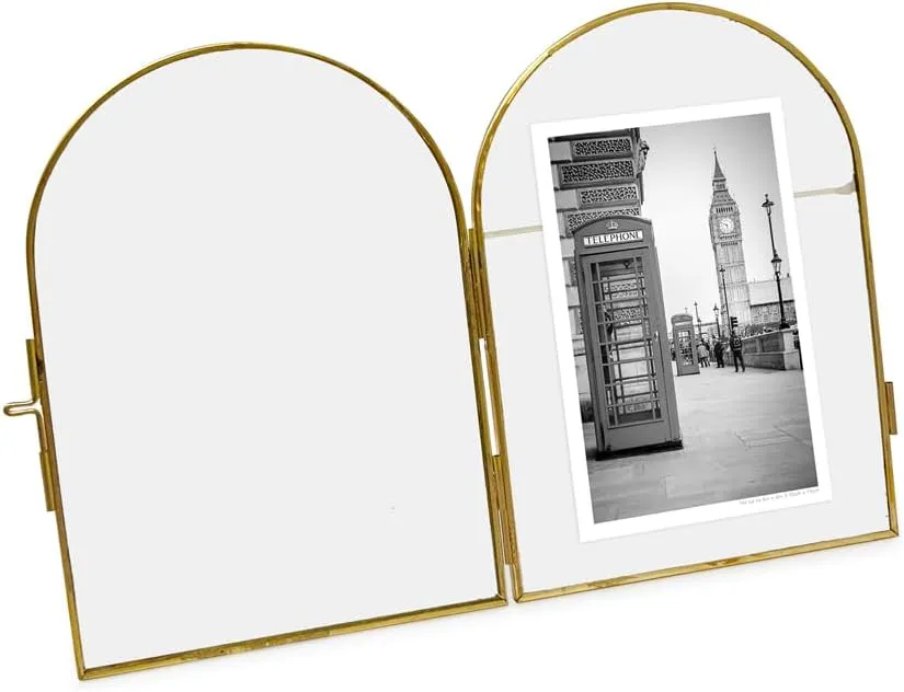 Isaac Jacobs 4x6 Vintage Style, Arched Brass & Glass Metal Floating Picture Frame with Locket Closure (Vertical), Made for Tabletop Display (4x6 Vertical, Antique Gold)