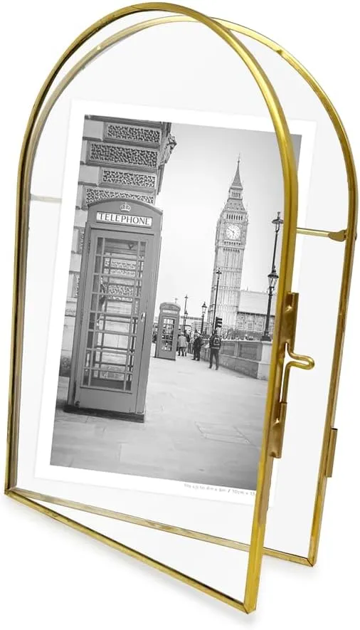 Isaac Jacobs 4x6 Vintage Style, Arched Brass & Glass Metal Floating Picture Frame with Locket Closure (Vertical), Made for Tabletop Display (4x6 Vertical, Antique Gold)