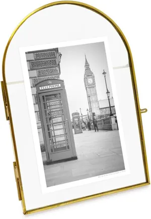 Isaac Jacobs 4x6 Vintage Style, Arched Brass & Glass Metal Floating Picture Frame with Locket Closure (Vertical), Made for Tabletop Display (4x6 Vertical, Antique Gold)