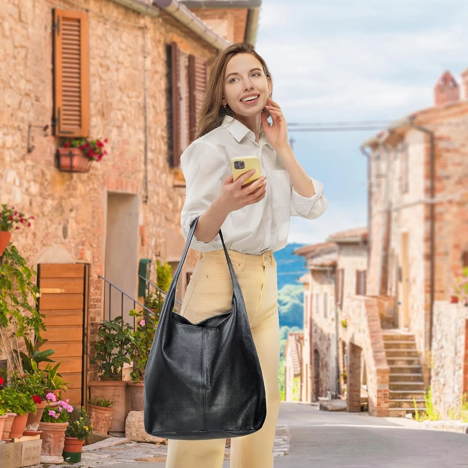 Italian Genuine Calf Leather Hobo Bag for Women with Zipper | Large Soft Slouchy Unlined Shoulder Handbag Tote Bucket Purse