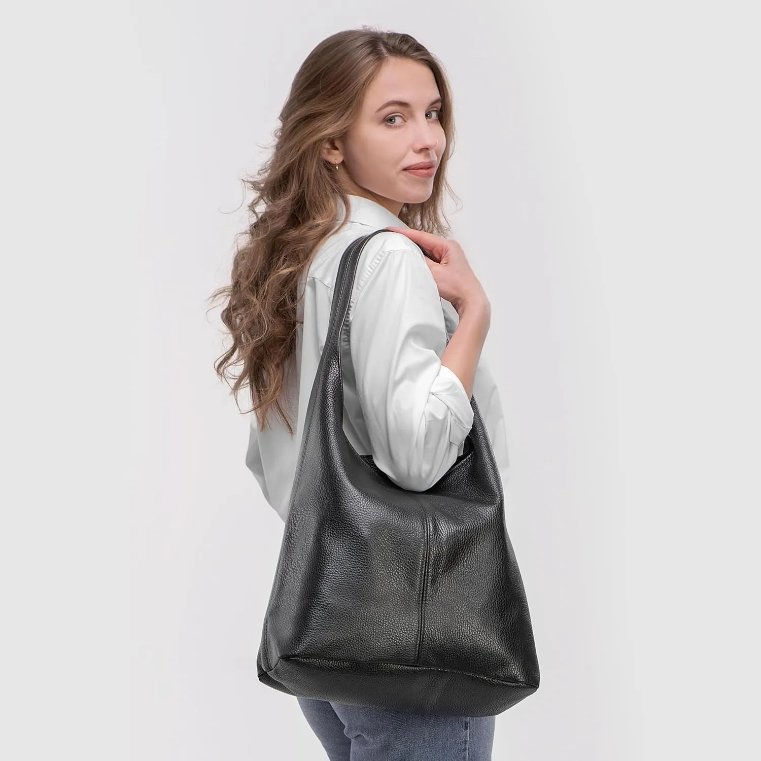 Italian Genuine Calf Leather Hobo Bag for Women with Zipper | Large Soft Slouchy Unlined Shoulder Handbag Tote Bucket Purse