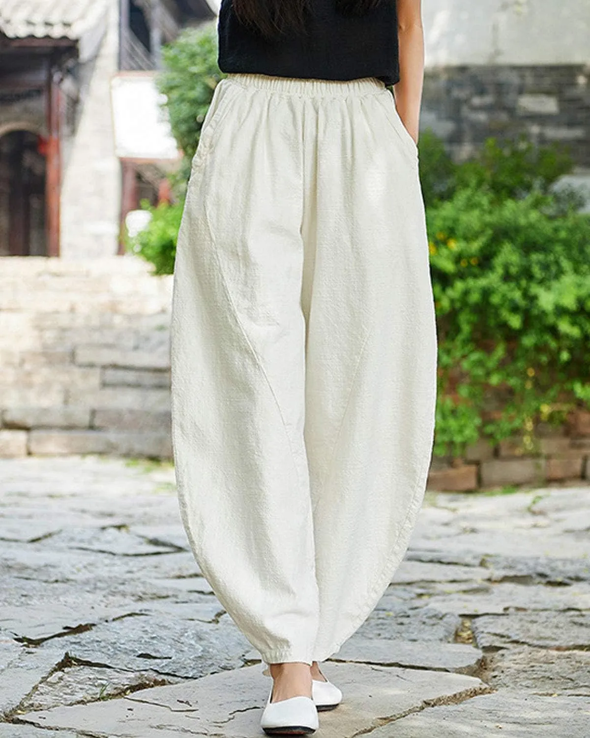 IXIMO Women's Cotton Linen Pants Casual Baggy Elastic Waist Relax Fit Trousers Slacks