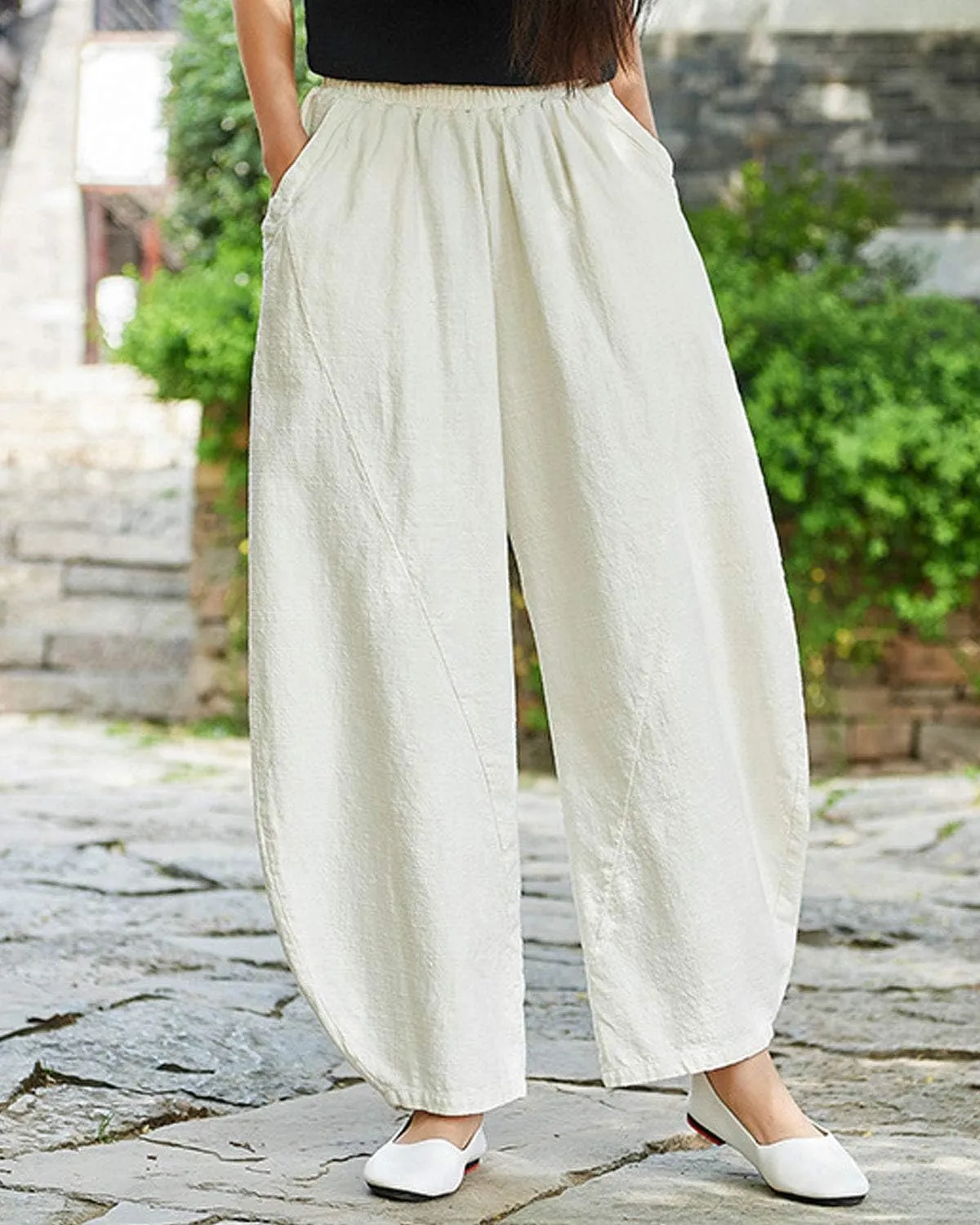 IXIMO Women's Cotton Linen Pants Casual Baggy Elastic Waist Relax Fit Trousers Slacks
