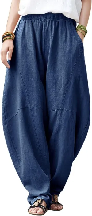 IXIMO Women's Cotton Linen Pants Casual Elastic Waist Lantern Slacks Loose Fit Baggy Patchwork Trousers