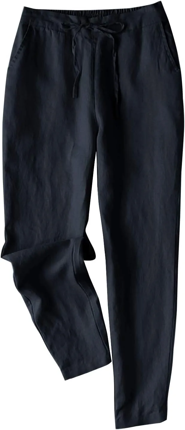 IXIMO Women's Tapered Pants 100% Linen Drawstring Back Elastic Waist Ankle Length Pants