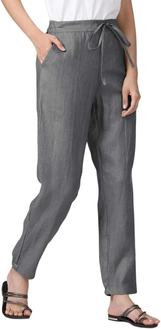 IXIMO Women's Tapered Pants 100% Linen Drawstring Back Elastic Waist Ankle Length Pants