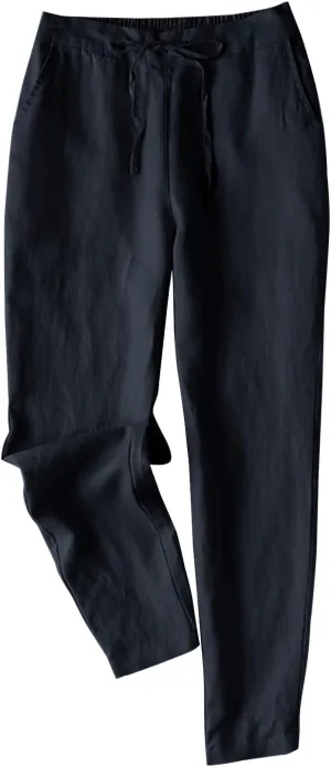IXIMO Women's Tapered Pants 100% Linen Drawstring Back Elastic Waist Ankle Length Pants