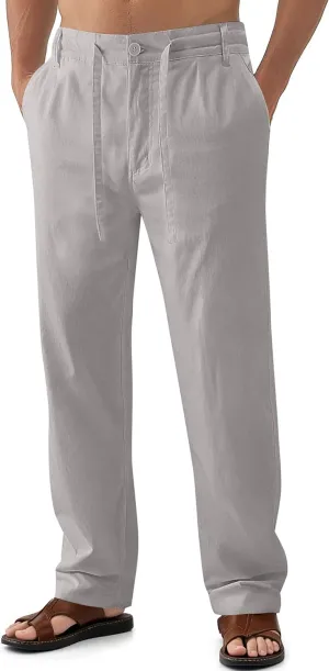Janmid Men's Linen Pants Casual Elastic Waist Drawstring Yoga Beach Trousers
