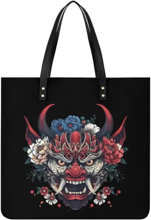 Japanese Demon Mask Top Handle Satchel Handbags PU Leather Tote Bags Shoulder Bags for Women