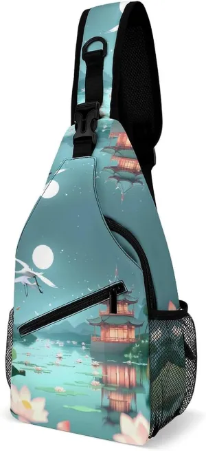 Japanese Palace Moon Crane Funny Crossbody Sling Bag Novelty Chest Bags Shoulder Backpack For Travel Hiking 15×8×4 Inches