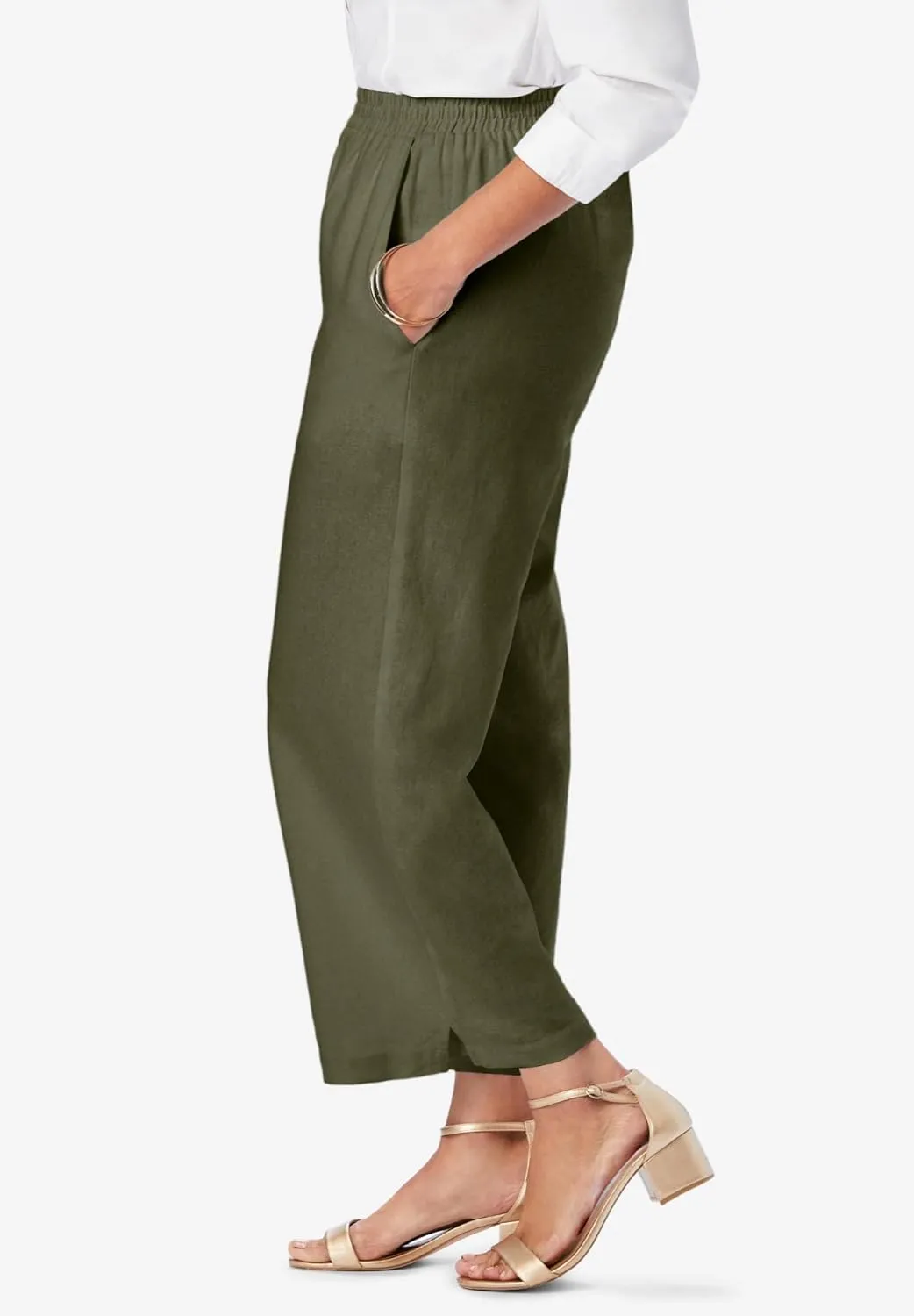 Jessica London Women's Plus Size Wide Leg Linen Crop Pants Elastic Waist