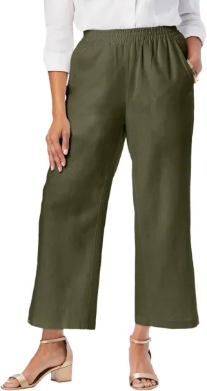 Jessica London Women's Plus Size Wide Leg Linen Crop Pants Elastic Waist
