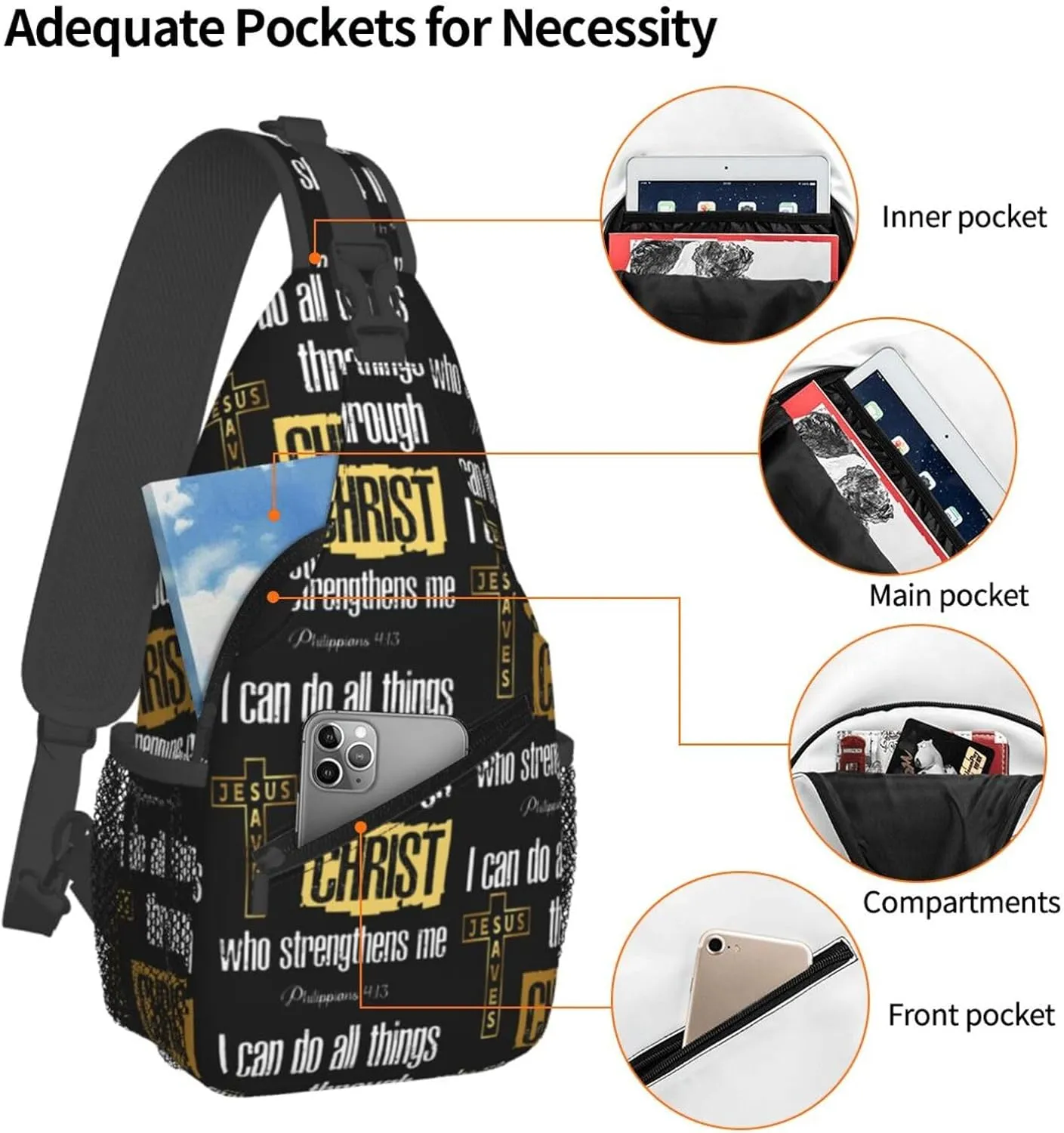 Jesus Cross Backpack for Travel Sport Running Chest Daypack Shoulder Sling Bag for Cycling Walking