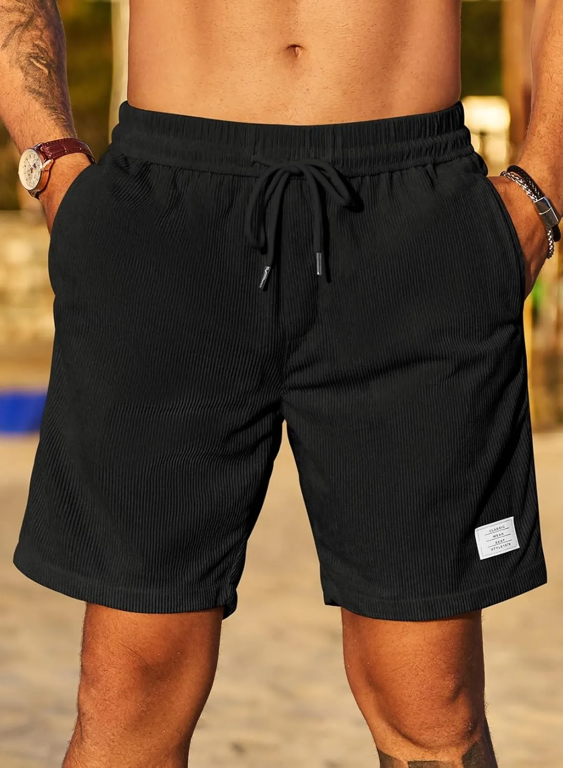 JMIERR Men's Corduroy Shorts Casual Elastic Waist Drawstring Lightweight Summer Beach Shorts