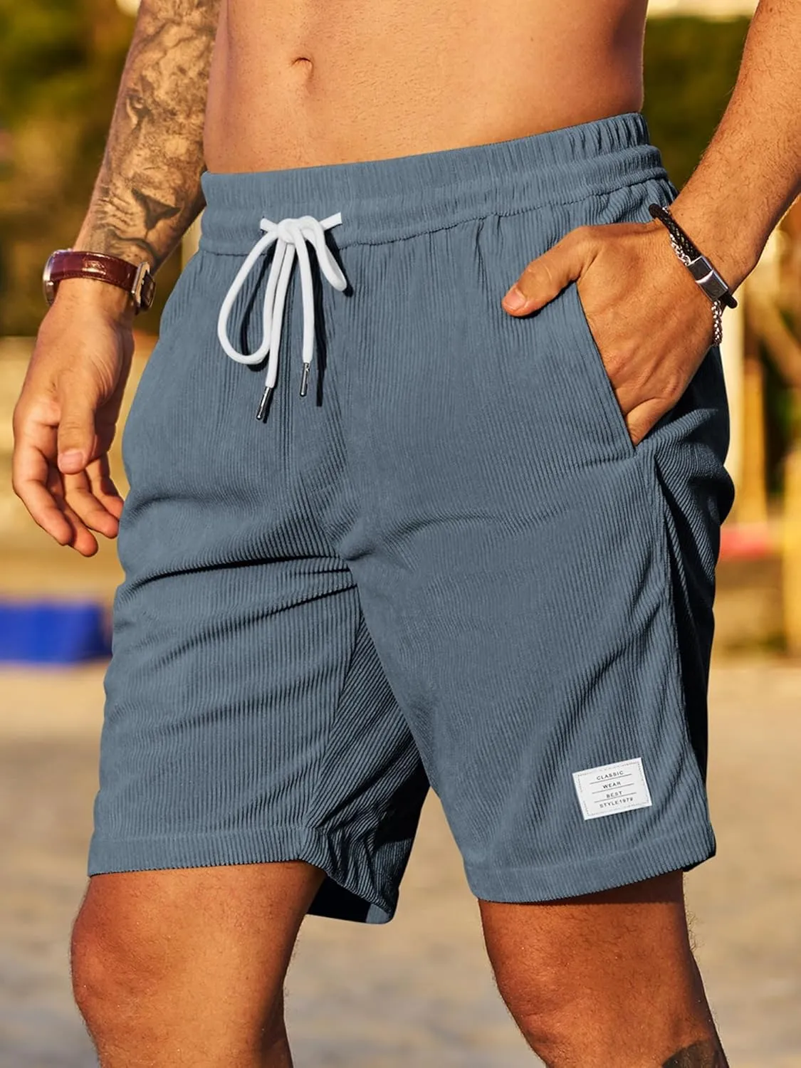 JMIERR Men's Corduroy Shorts Casual Elastic Waist Drawstring Lightweight Summer Beach Shorts