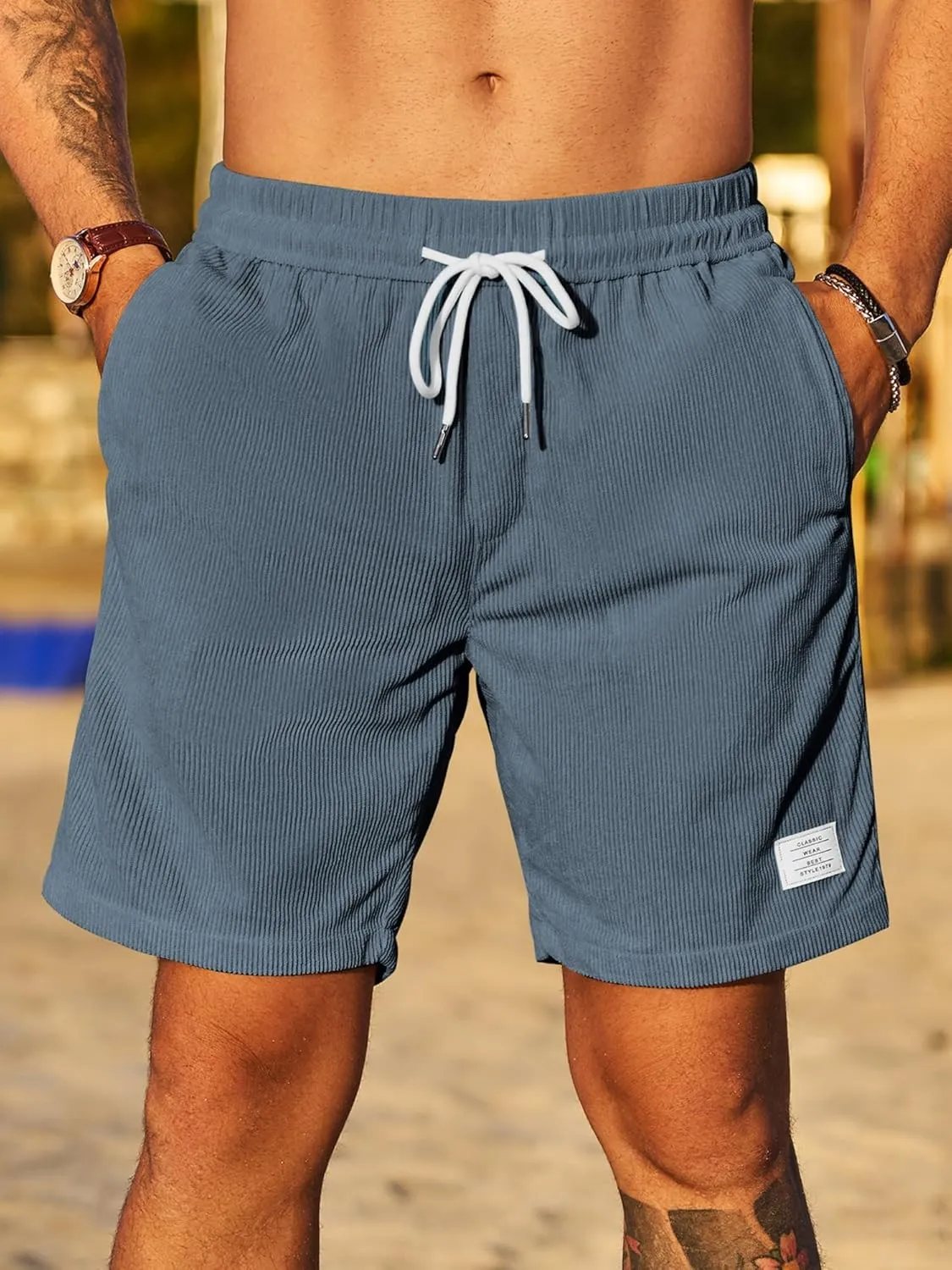 JMIERR Men's Corduroy Shorts Casual Elastic Waist Drawstring Lightweight Summer Beach Shorts