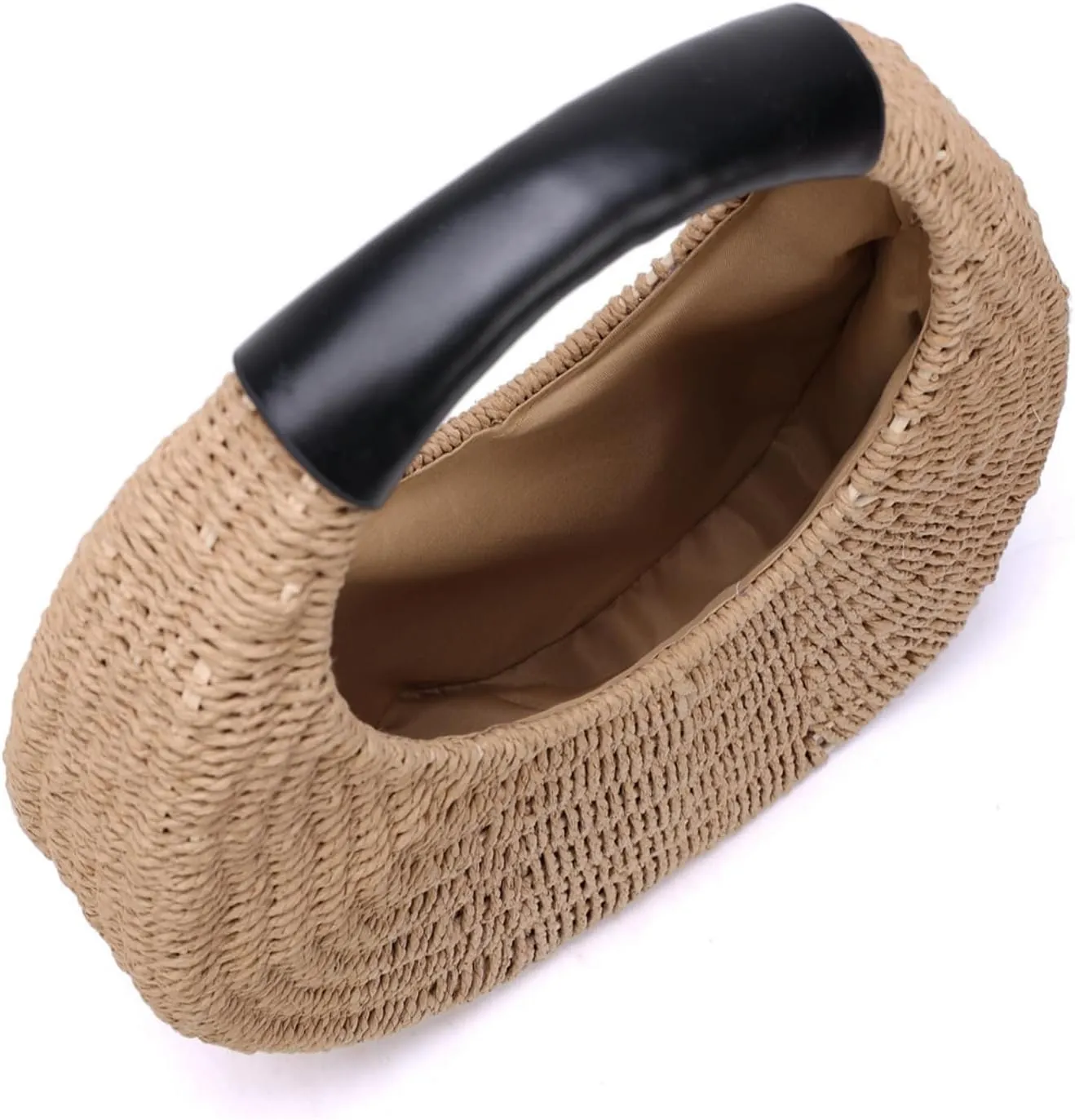 JOLLQUE Straw Bag for Women,Summer Hand Woven Small Hobo Handbag Purse,Solid Round Top-Handle Clutch for Beach Straw Bags