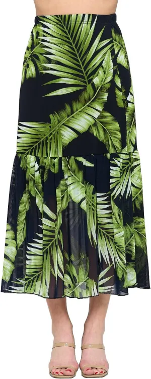 Jostar Women's Mesh Midi Skirt - Elastic Waist Tiered Print Long Dress