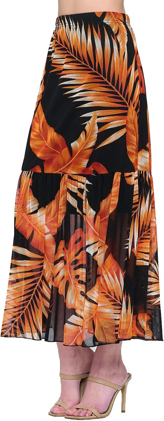Jostar Women's Mesh Midi Skirt - Elastic Waist Tiered Print Long Dress